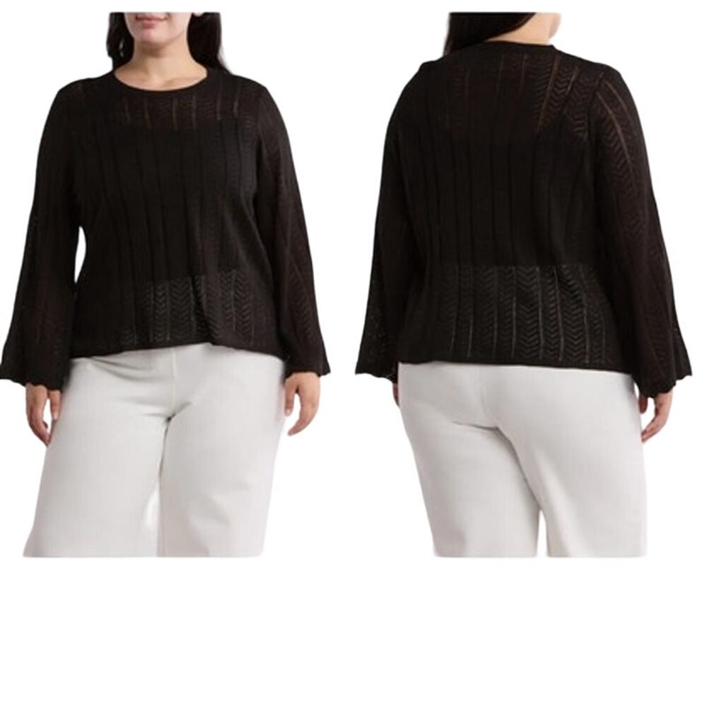 Adrianna Papell Sweater 2XL Black‎ Pointelle Stitch scallop-cuffed bell sleeve